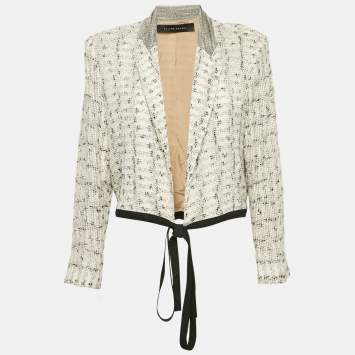 Roland Mouret Off White Patterned Cotton Knit Wrap Jacket XL