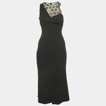 Pre Owned Roland Mouret Black Crepe Lace Detail Sleeveless Midi Dress S