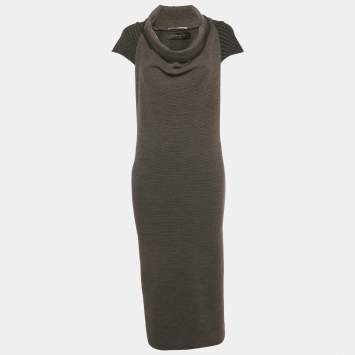 Pre Owned Roland Mouret Grey Jacquard Trim Wool Knit Mock Neck Midi Dress M
