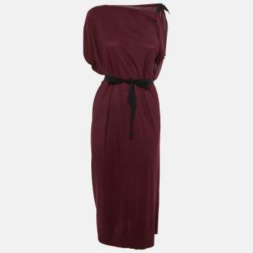 Pre Owned Roland Mouret Maroon Crepe Tie Detail Midi Dress L