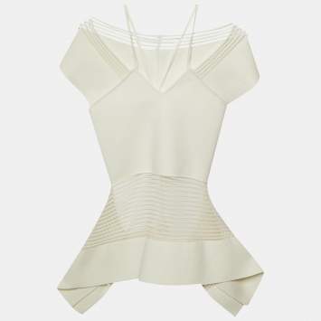 Pre Owned Roland Mouret White Jersey & Mesh Cut Out Detail Peplum Summerhill Top S