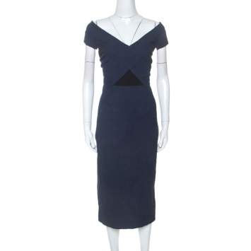 Pre Owned Roland Mouret Navy Blue Floral Waffle Cotton Grendon Dress M