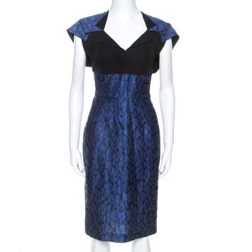 Pre Owned Roland Mouret Navy Blue Mirah Jacquard Cotton Silk Midi Dress S