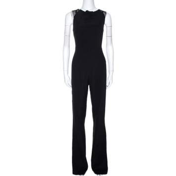 Pre Owned Roland Mouret Black Stretch Crepe & Lace Insert Sleeveless Jumpsuit L 