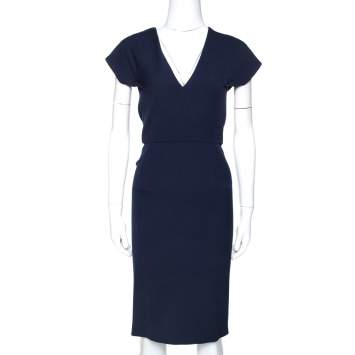 Pre Owned Roland Mouret Navy Blue Wool Crepe Sheath Dress L 