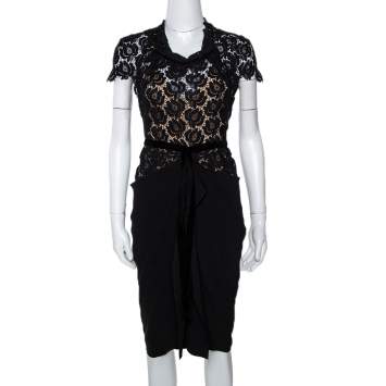 Pre Owned Roland Mouret Black Crepe & Lace Draped Harmon Dress M