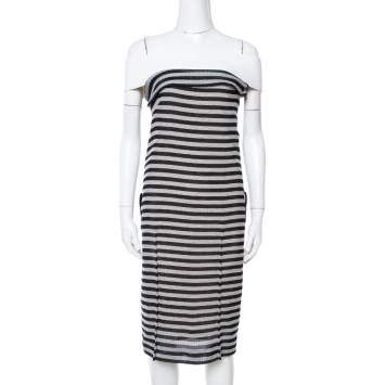 Pre Owned Roland Mouret Monochrome Striped Cotton Basketweave Layan Dress M