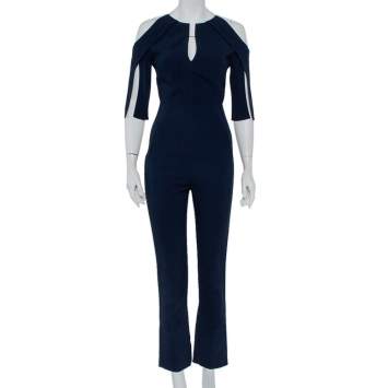 Pre Owned Roland Mouret Navy Blue Crepe Contrast Trim Cold Shoulder Jumpsuit S