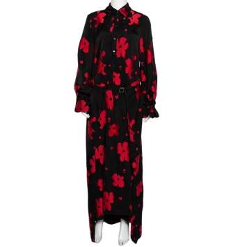 Pre Owned Roland Mouret Black & Red Floral Jacquard Belted Layered Dress M