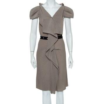 Pre Owned Roland Mouret Beige Crepe Draped Effect Belted Midi Dress M