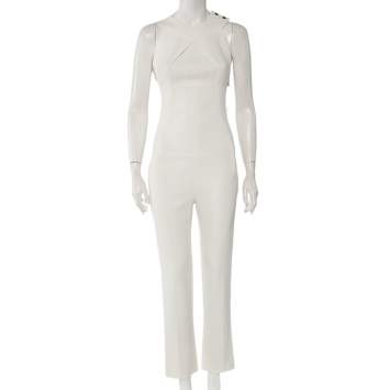 Pre Owned Roland Mouret White Crepe Draped Neck Shoulder Button Jumpsuit M