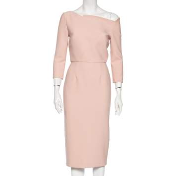 مملوكة مسبقًا Roland Mouret Pink Crepe Asymmetric Neck Detail Midi Dress M 