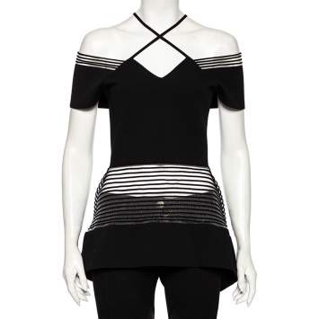 مملوكة مسبقًا Roland Mouret Black Knit Mesh Inset Detailed Asymmetrical Peplum Top M