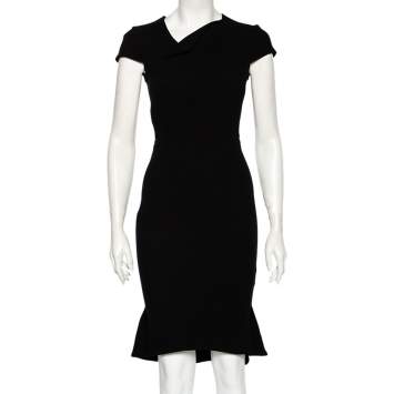 مملوكة مسبقًا Roland Mouret Black Crepe Asymmetrical Neck Detailed Midi Dress S