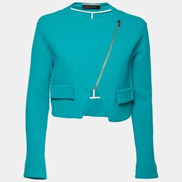 Pre Owned Roland Mouret Turquoise Blue Wool Zip Front Cropped Jacket M