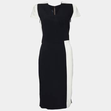 Pre Owned Roland Mouret Monochrome Stretch Crepe V Neck Sheath Dress M