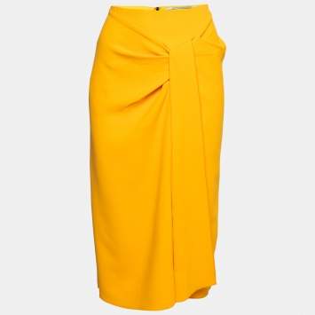 Pre Owned Roland Mouret Yellow Crepe Draped Aura Midi Pencil Skirt L