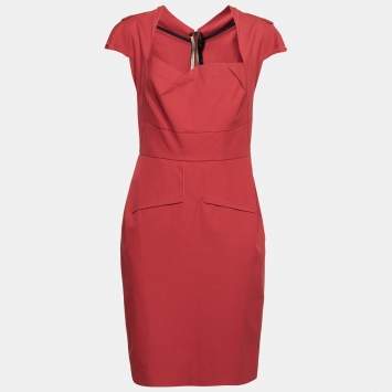 Pre Owned Roland Mouret Red Cotton Folded Shoulder Myrtha Sheath Dress L