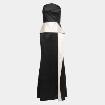 Pre Owned Roland Mouret Black/Cream Duchess Satin Peplum Draped Ruffle Detail Strapless Gown M
