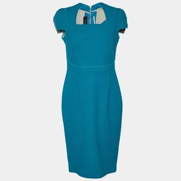 Pre Owned Roland Mouret Peacock Green Wool Crepe Draped Midi Dress L