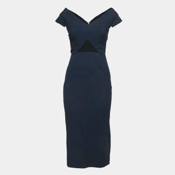 Pre Owned Roland Mouret Navy Blue Jacquard V-Neck Midi Dress S