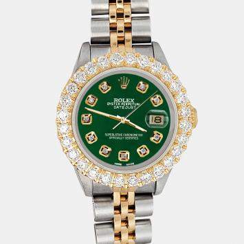 Pre Owned Rolex Custom Forest Green 1.96ct Diamonds 18K Yellow Gold Stainless Steel Datejust  Automatic Women's Wristwatch 26mm