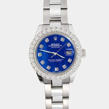 Rolex Custom Royal Blue 2.25ct Diamonds Stainless Steel Datejust 178240 Automatic Women's Wristwatch 31mm