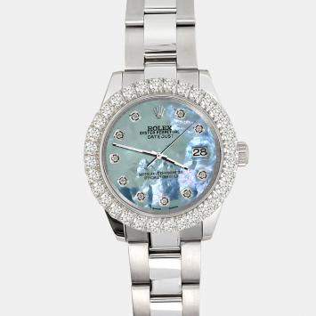 Rolex Custom Tahitian Blue 2.25ct Diamonds Stainless Steel Datejust 178240 Automatic Women's Wristwatch 31mm