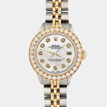 Pre Owned Rolex Custom White 1.3ct Diamonds 18K Yellow Gold Stainless Steel Datejust  Automatic Women's Wristwatch 26mm