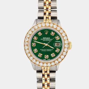 Pre Owned Rolex Custom Forest Green 1.3ct Diamonds 18K Yellow Gold Stainless Steel Datejust  Automatic Women's Wristwatch 26mm