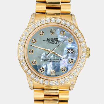 Pre Owned Rolex Custom Tahitian Blue 2.3ct Diamonds 18K Yellow Gold President Datejust  Automatic Women's Wristwatch 31mm