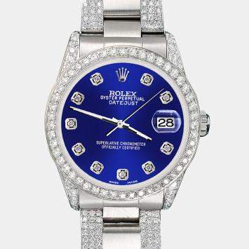 Rolex Custom Navy Blue MOP 3.5ct Diamond Stainless Steel Datejust Automatic Women's Wristwatch 31 mm