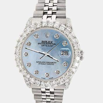 Rolex Custom Blue MOP 2.95ct Diamond Stainless Steel Datejust Automatic Women's Wristwatch 31 mm