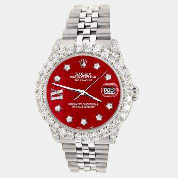 Rolex Custom Red MOP 2.95ct Diamond Stainless Steel Datejust Automatic Women's Wristwatch 31 mm