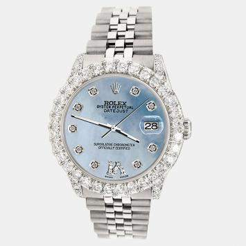 Rolex Custom Blue MOP 2.95ct Diamond Stainless Steel Datejust Automatic Women's Wristwatch 31 mm