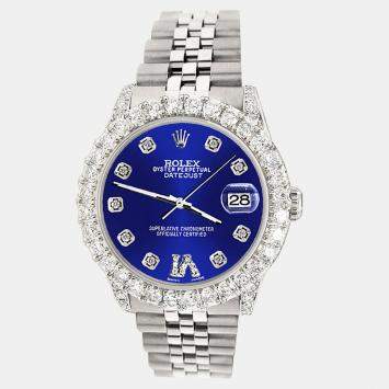 Rolex Custom Navy Blue 2.95ct Diamond Stainless Steel Datejust Automatic Women's Wristwatch 31 mm