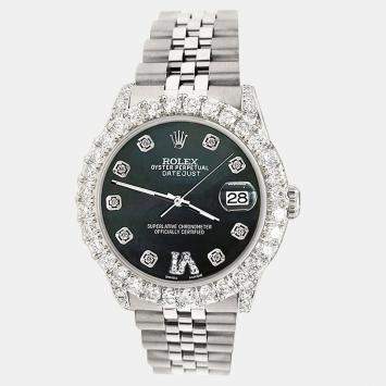 Rolex Custom Black MOP 2.95ct Diamond Stainless Steel Datejust Automatic Women's Wristwatch 31 mm