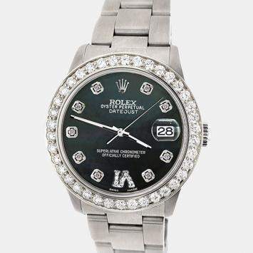 Rolex Custom Black MOP 1.62ct Diamond Stainless Steel Datejust Automatic Women's Wristwatch 31 mm