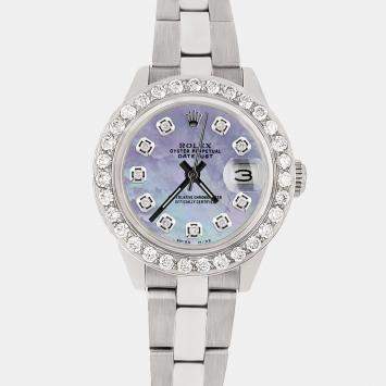 Rolex Custom Aqua Purple MOP 1.3ct Diamond Stainless Steel Datejust Automatic Women's Wristwatch 26 mm