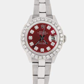 Rolex Custom Merlot Red 1.3CT Diamond Stainless Steel Datejust  Automatic Women's Wristwatch 26mm