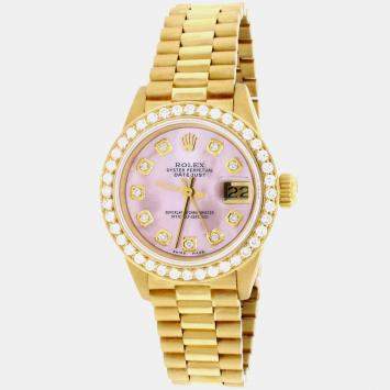 Rolex Customised Pink MOP Diamond 18K Yellow Gold President Datejust  Automatic Women's Wristwatch 26MM