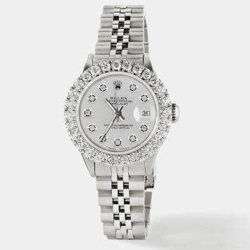 Rolex Customised Silver 2CT Diamond Stainless Steel Datejust  Automatic Women's Wristwatch 26mm