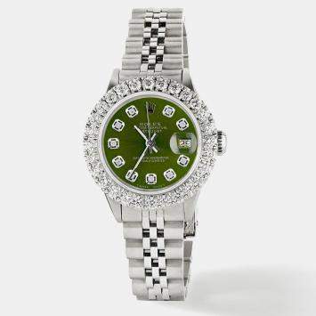 Rolex Customised Royal Green 2CT Diamond Stainless Steel Datejust  Automatic Women's Wristwatch 26mm