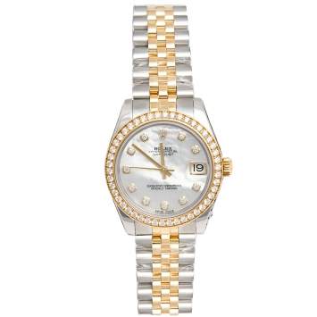 Pre Owned Rolex Mother of Pearl 18K Yellow Gold Stainless Steel Diamond Datejust 178383 Women's Wristwatch 31 mm