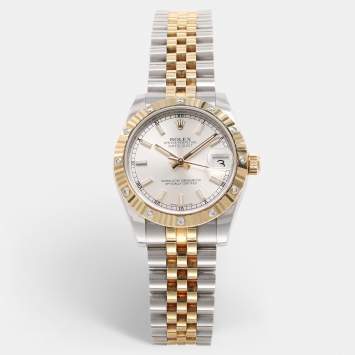 Pre Owned Rolex White 18k Yellow Gold 12 Diamond Bezel Oyster Perpetual Datejust  Women's Wristwatch 31 mm
