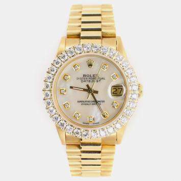 Rolex Custom White MOP Diamond 18K Yellow Gold President Datejust  Automatic Women's Wristwatch 31mm