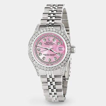 Rolex Custom Pink Diamond Stainless Steel Datejust  Automatic Women's Wristwatch 26mm