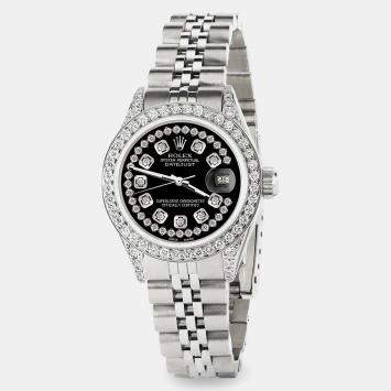 Rolex Custom Black Diamond Stainless Steel Datejust  Automatic Women's Wristwatch 26mm