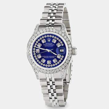Rolex Custom Navy Blue Diamond Stainless Steel Datejust  Automatic Women's Wristwatch 26mm