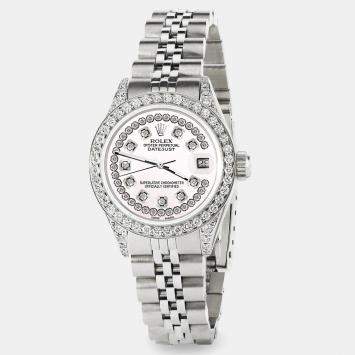 Rolex Custom White Pearl Diamond Stainless Steel Datejust  Automatic Women's Wristwatch 26mm